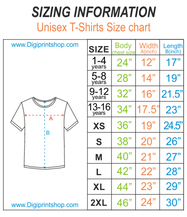 Holi t shirt Unisex Size chart